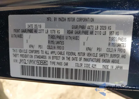 2019 Mazda Mazda6 Touring z USA, uszkodzony, nr VIN JM1GL1VM1K1506960